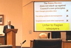 Raglan's Rodger Gallagher tells Councillors that the proposal is unfair to Raglan ratepayers