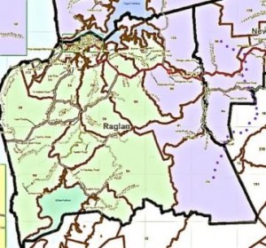 Old propsoed map – existing Raglan ward in green, WDC proposal outlined by black line, hill ridge edge of Whaingaroa catchment marked by purple dots.  WDC has now agreed to align green Raglan ward area with hill ridge shown by the pruple dots 