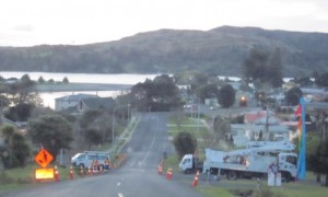 WEL Networks finishing a long day's work on placing new poles in Stewart St, early evening on Wed. 29th