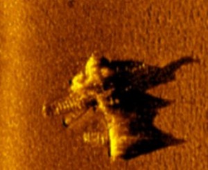 Sonar image of plane wreckage on seabed-