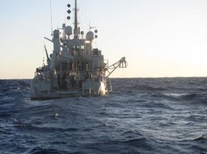 Specialist naval diving support vessel HMNZS Manawanui at work in the Tasman Sea near Gannet Island. Image NZ Navy