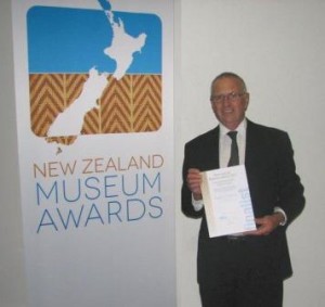 Ken Soanes after receiving the certificate at the 2013 NZ Musuem Awards - Image supplied