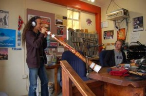 Morning Show DJ Aaron Mooar hosts Didgeridoo player Sika Rose.