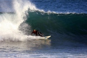 Bay of Plenty surfer Mackenzie Christie bottom turning into a solid section at Manu Bay, Raglan during the finals day action at the Backdoor GromBash today (Sunday 14th April). Photo: Jwan Milek