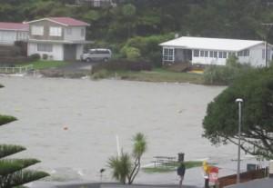 Lorenzen Bay residents check out flooding across seawall onto road