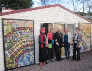 Annette May, Susanne Prinz, John Hay, Merren Goodison and Rae Clarke after the unveiling of the clay tile mural