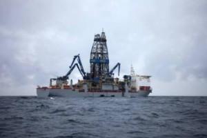 The drillship Noble Bob Douglas in the preparation stages for drilling. The Oil Free Seas Flotilla has been at the site, over 100 nautical miles off the west coast of New Zealand for 10 days. The Oil Free Seas Flotilla is a coalition of individuals and boat owners who oppose deep-sea drilling and the new legislation that takes away New Zealanders long-standing right to peacefully protest at sea. Greenpeace / Nick Tapp