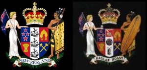 NZ Coat of Arms on left and Raglan Roast T-shirt design on right