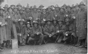 Photo of No. 3 Platoon, A Company of the RFTs with William Watkins in the centre of the back row. The Watkins family operated a timber mill for many years at 58 Wallis St (now site of Raglan Joinery)- Image Soanes Family Collection 