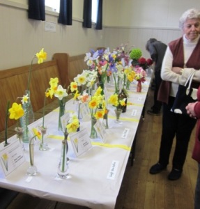 Visitors discuss the spring flowers on display