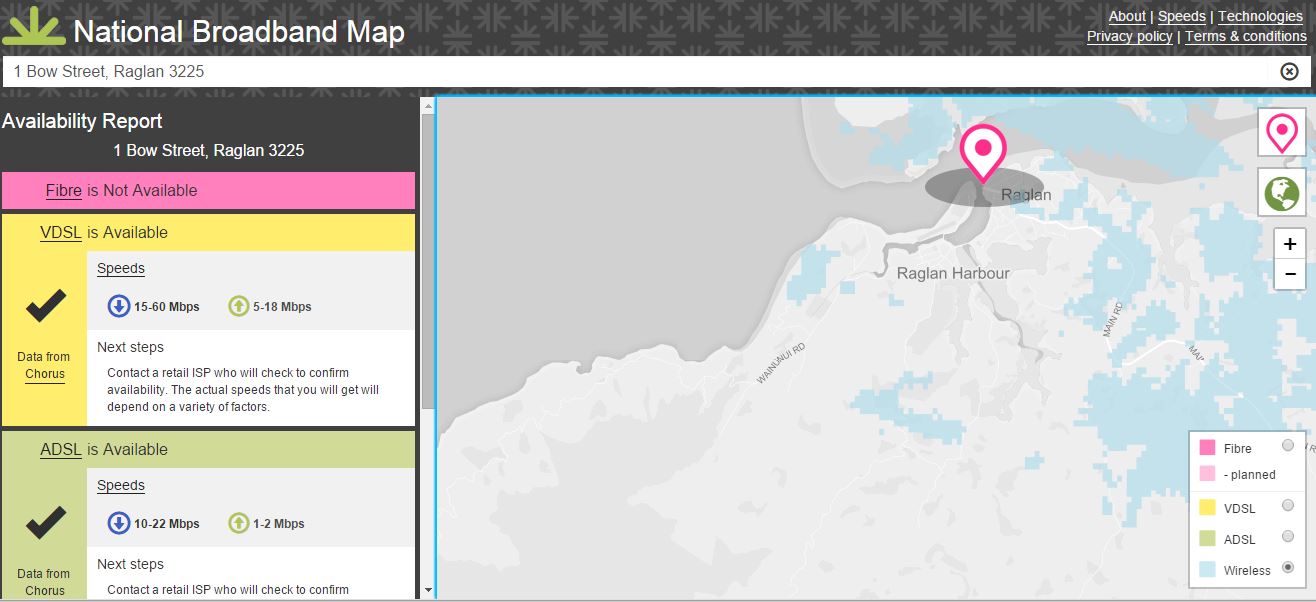 The new Government map which omitts Wanna's Raglan wireless broadband service 