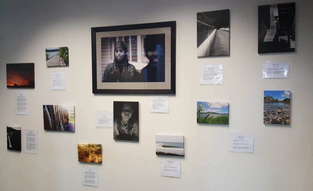 A selection of the Rangatahi exhibition’s works on display currently at Raglan Library.