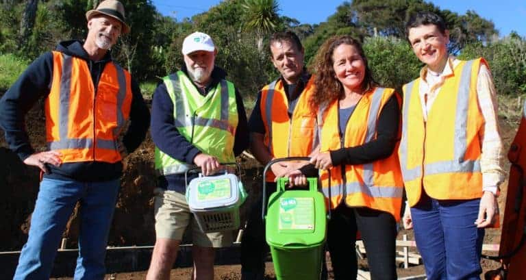 Xtreme Zero Waste Relationship Manager Rick Thorpe, left, Raglan Community Board Chairman Bob McLeod, Xtreme Zero Waste Operations Manager Cain Brodie, Raglan Ward Councillor Lisa Thomson and Waikato District Council Waste Minimisation Officer Pat Cronin on the site of Xtreme Zero Waste’s Horizontal Composting Unit.