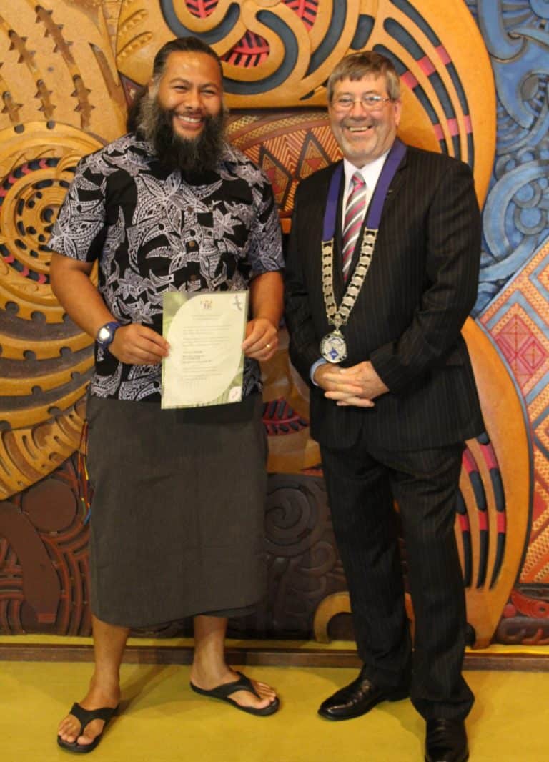 Raglan's John George with Waikato Mayor Allan Sanson - Image WDC