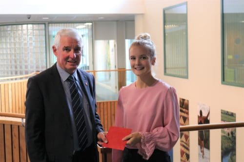 Emily Sopers with Waikato Regional Council chair Alan Livingston following Thursday’s water sciences prize presentation. Image supplied