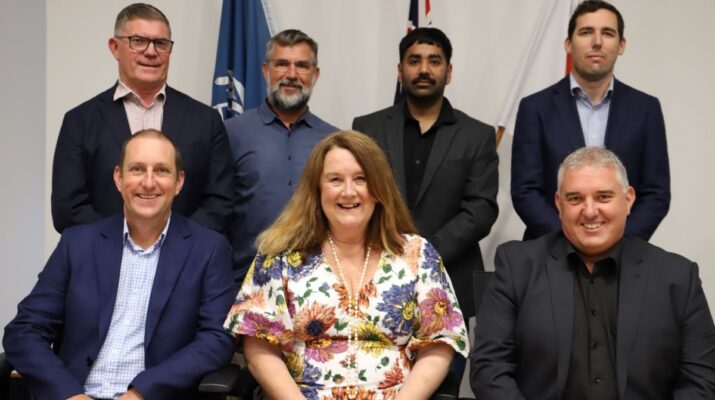 Waikato District Council’s contracts with new roading contractors Higgins and Fulton Hogan were signed this morning. In the photo are: Back from left, Higgins Waikato manager Dion Sinclair, Waikato District Council transport manager Aram Goes, Waikato District Council transport operations manager Attinder Singh, Fulton Hogan contract manager David Griffin. Front – Higgins general manager Andrew McRae, Mayor Jacqui Church, Fulton Hogan Waikato region manager Kerry Watkins.